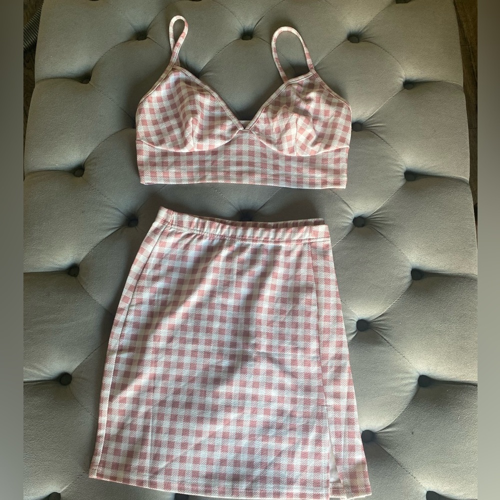 SHEIN PINK + WHITE CHECKERED SKIRT SET